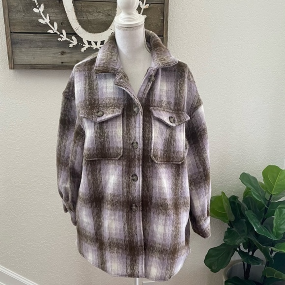 Bagatelle plaid fuzzy shacket purple brown OS NWT